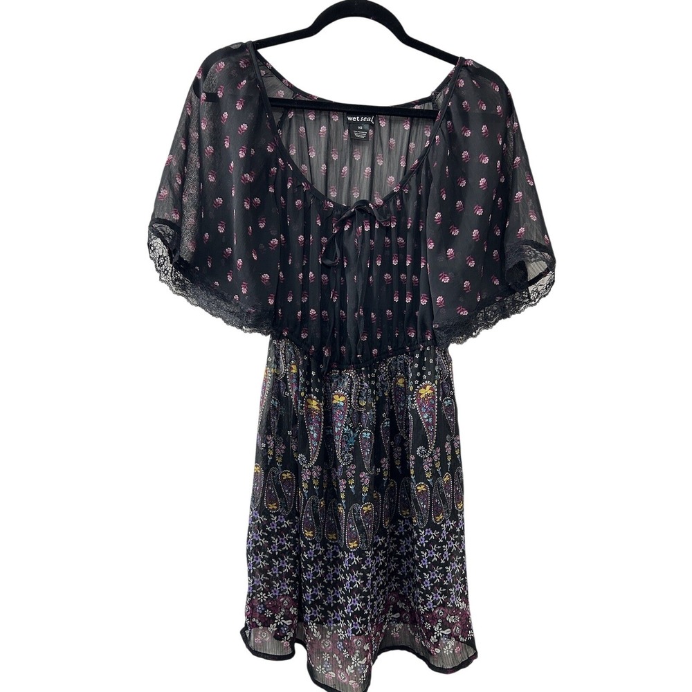 Wet Seal Paisley Floral Mini Dress XS Black Sheer Lace Flutter Sleeve Boho Y2K